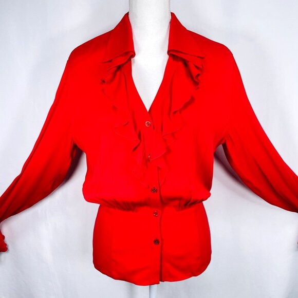 Vintage ESCADA Womens Silk Red Spanish ruffle Flare Long Sleeve Blouse 34 / S - Picture 9 of 16
